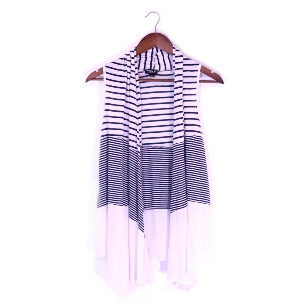 Allen B White and Black Horizontal Striped Flowing Shawl Vest